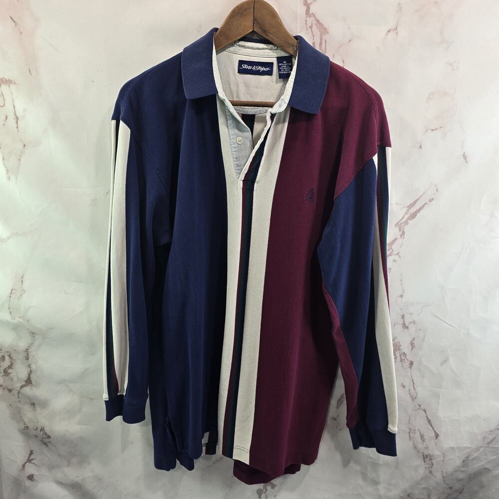 Vintage Rugby Polo Mens Medium 90s Blue Red White Long Sleeve Stripe Colorblock